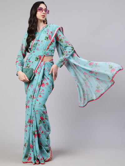 Blue Floral Print Saree With Blouse