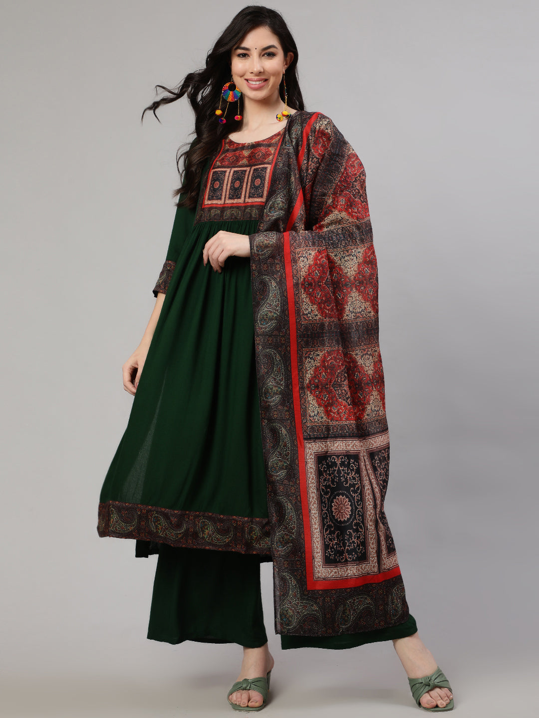 Green Printed Nyra-Cut Kurta Palazzo With Dupatta