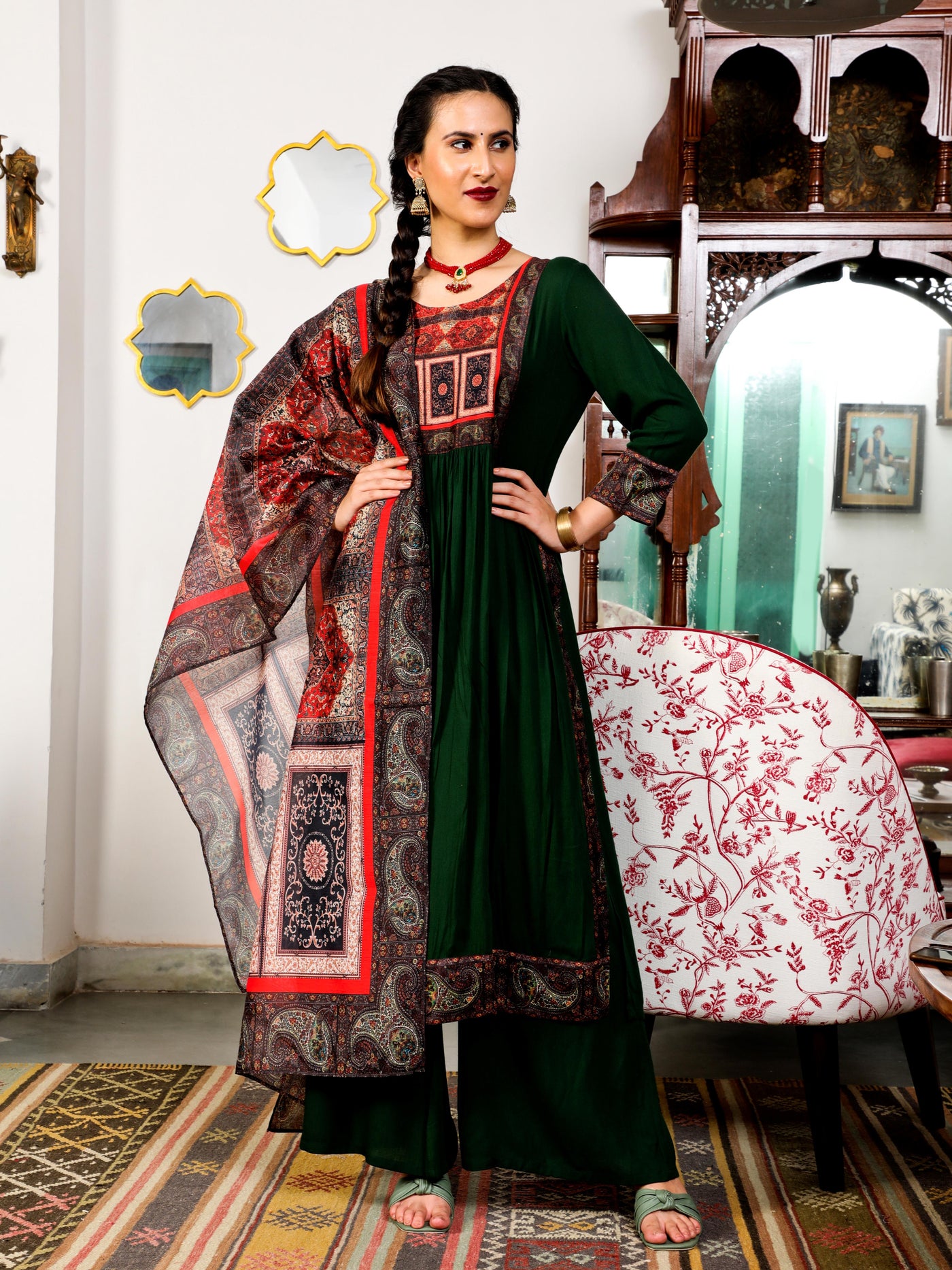 Green Printed Nyra-Cut Kurta Palazzo With Dupatta