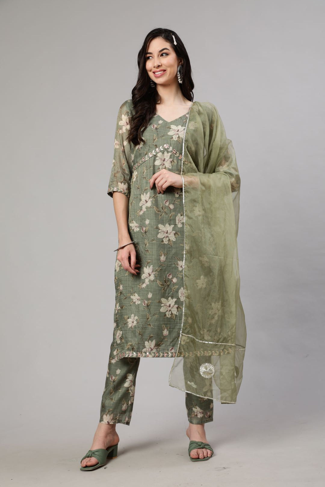 Green Floral Print Alia-Cut Kurta Pant With Dupatta