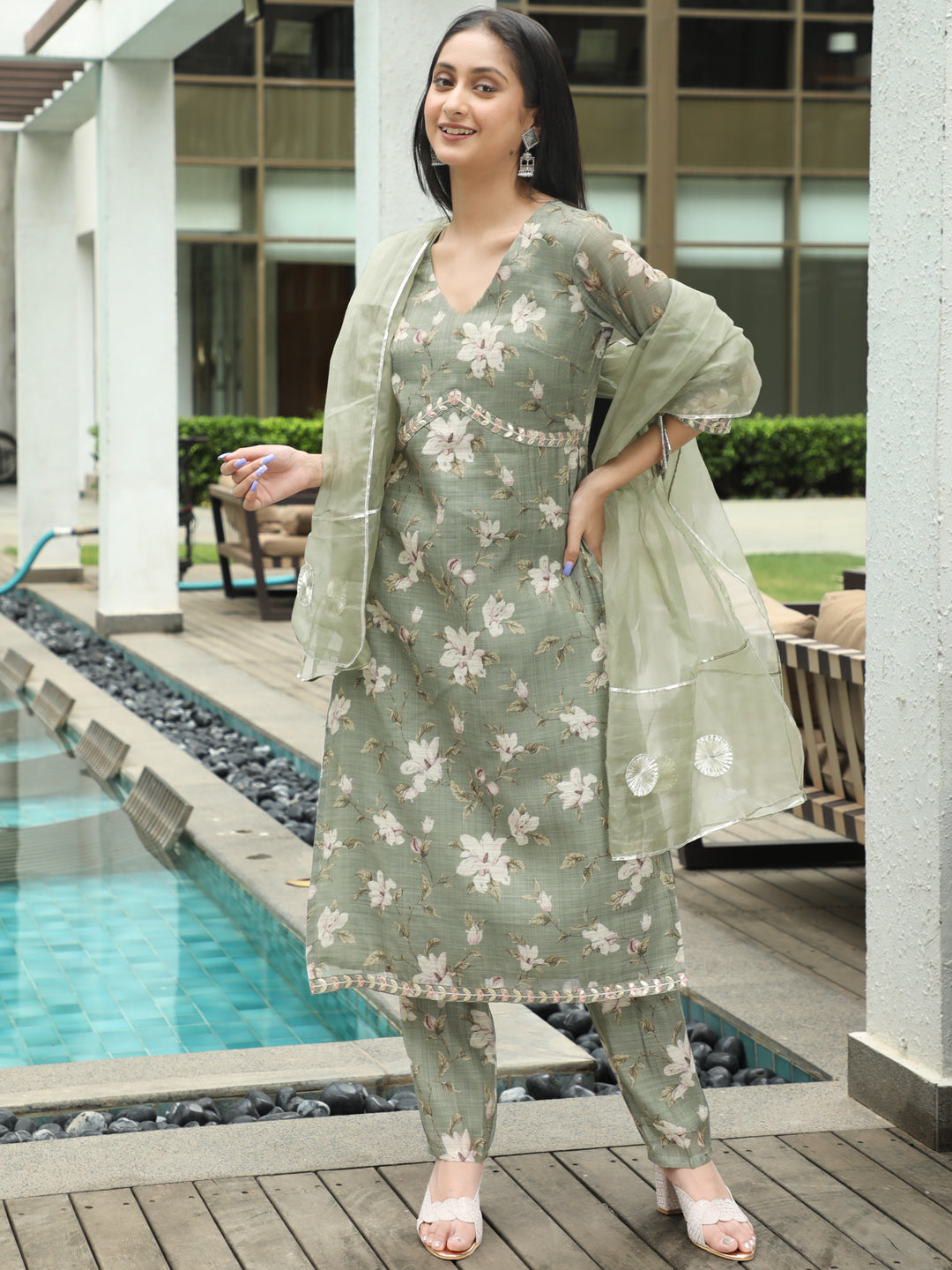 Green Floral Print Alia-Cut Kurta Pant With Dupatta