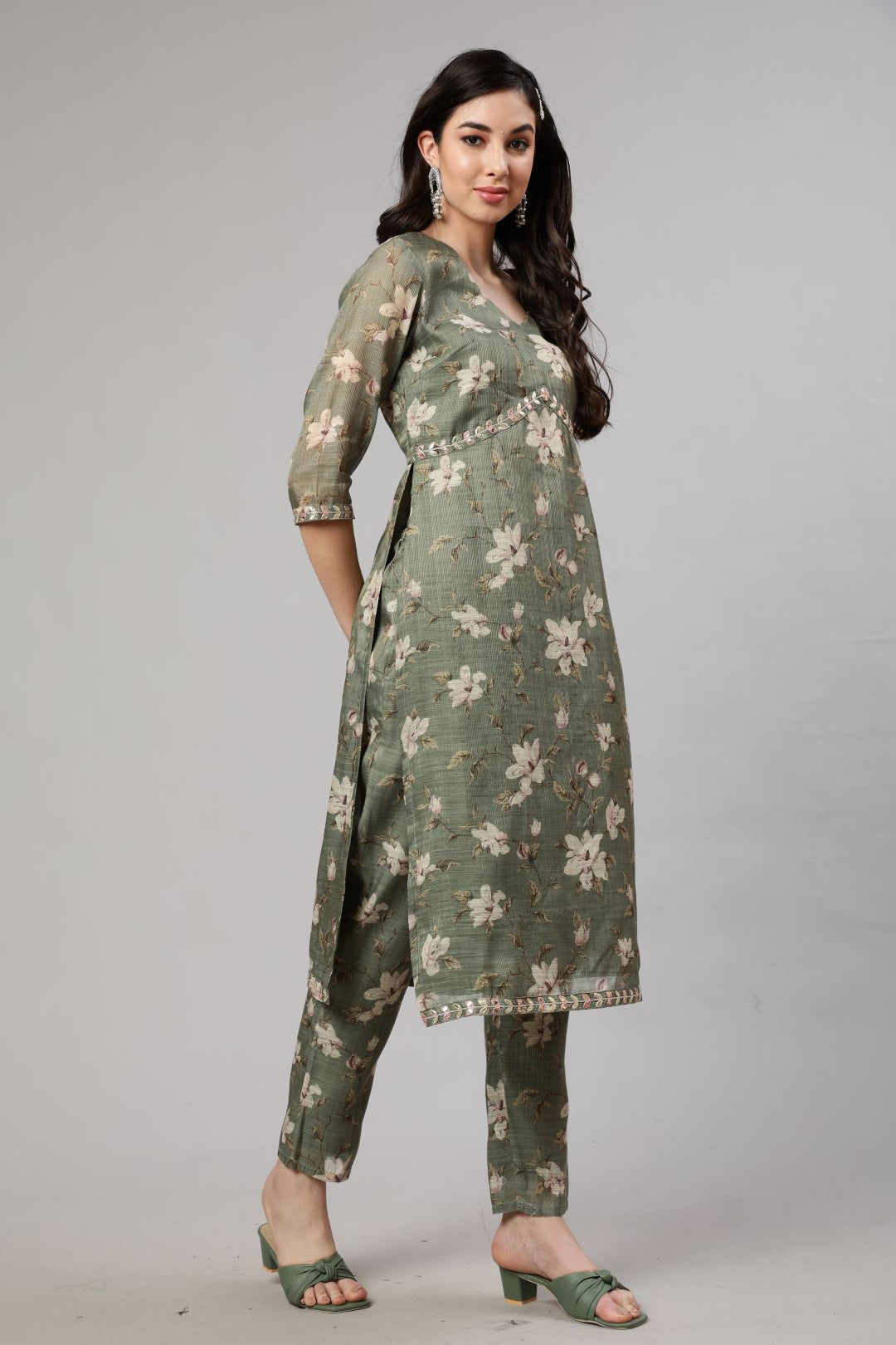 Green Floral Print Alia-Cut Kurta Pant With Dupatta