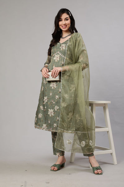 Green Floral Print Alia-Cut Kurta Pant With Dupatta