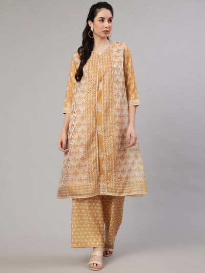 Mustard Floral Print Kurta Palazzo With Jacket