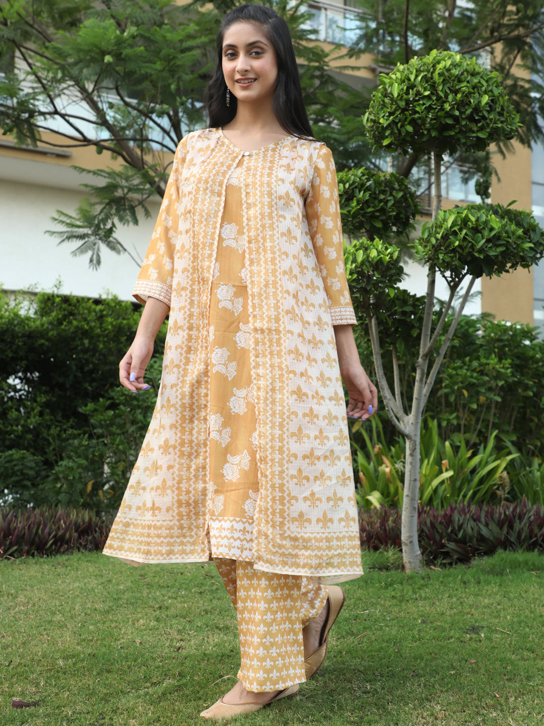 Mustard Floral Print Kurta Palazzo With Jacket