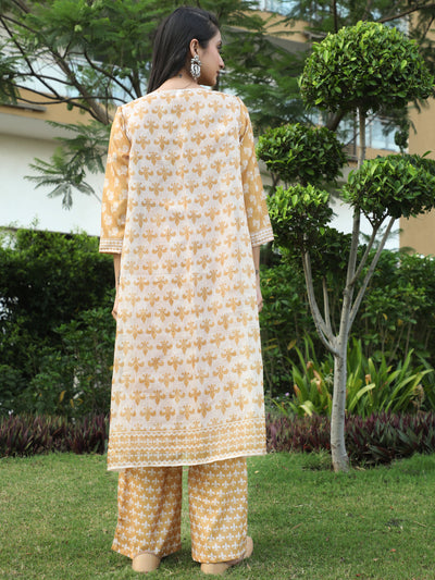 Mustard Floral Print Kurta Palazzo With Jacket