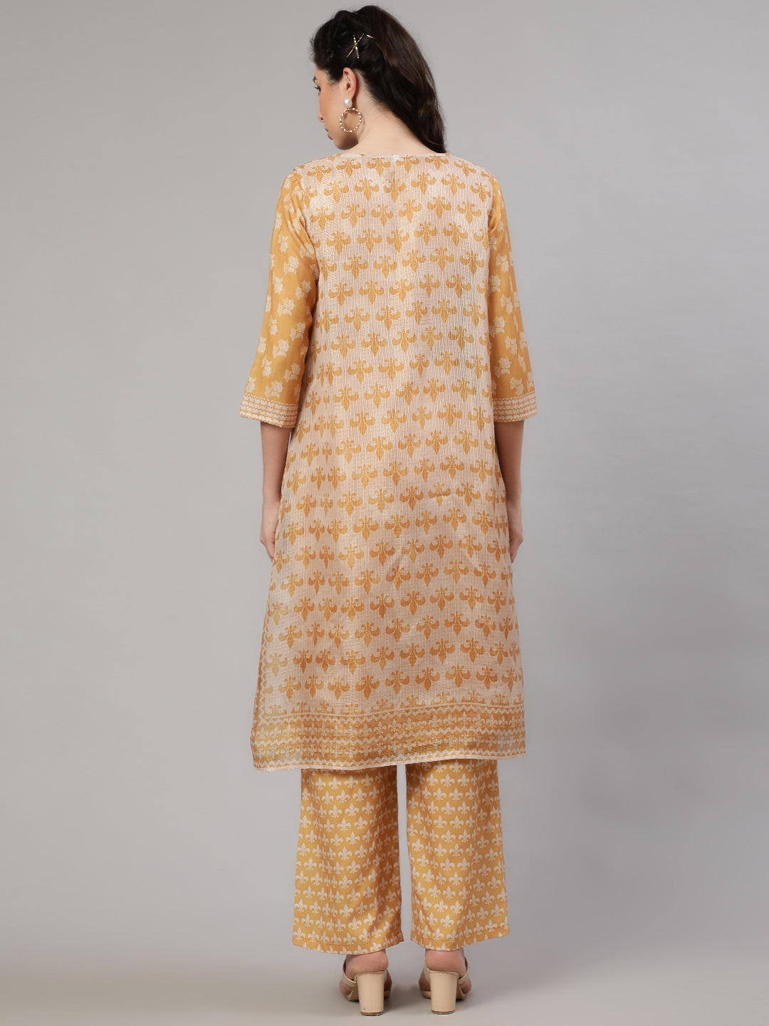 Mustard Floral Print Kurta Palazzo With Jacket