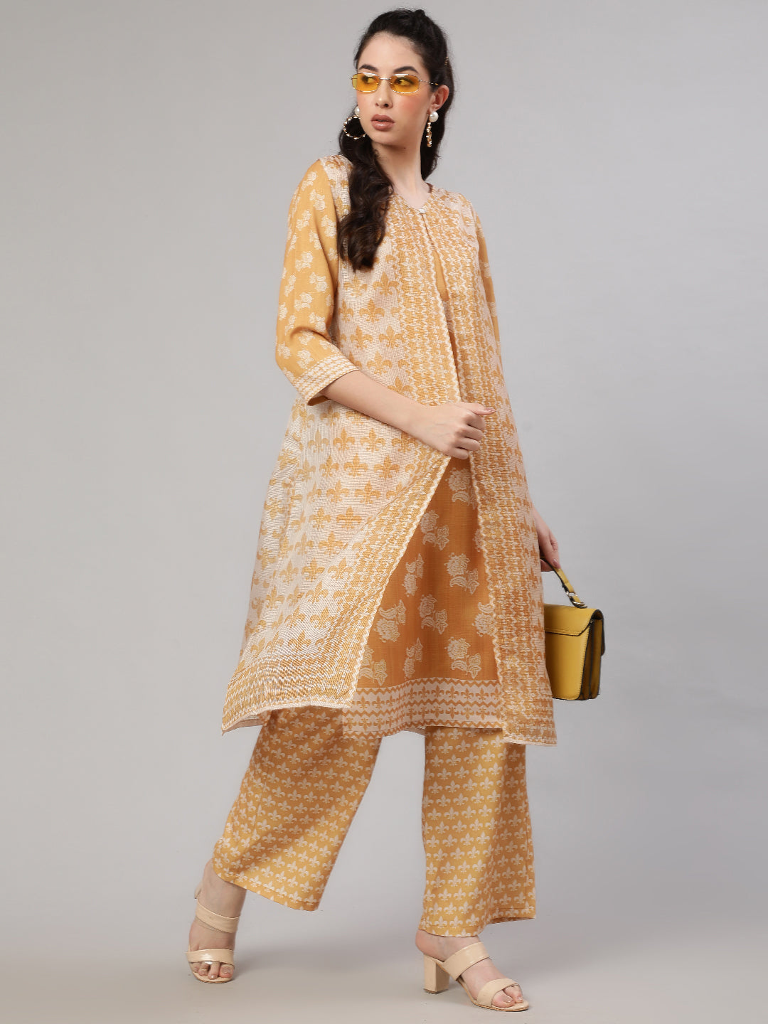 Mustard Floral Print Kurta Palazzo With Jacket