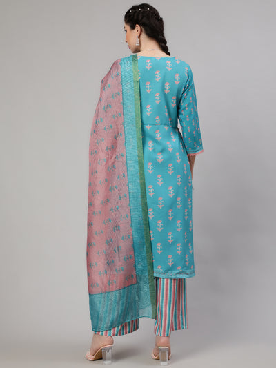 Blue Floral Print Alia-Cut Kurta Palazzo With Dupatta