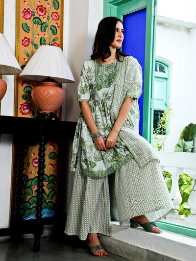 Green Printed Kurta Sharara With Dupatta