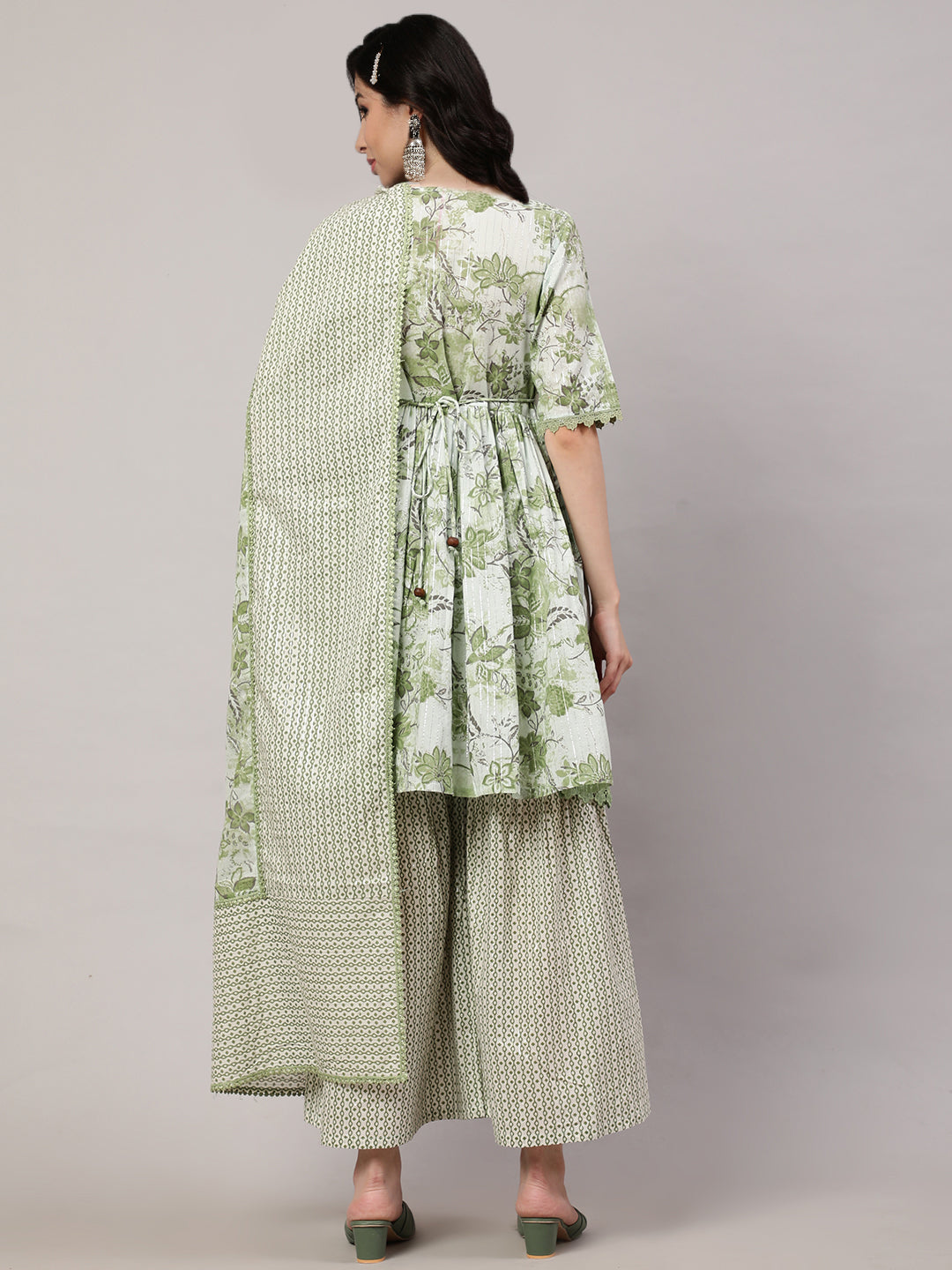 Green Printed Kurta Sharara With Dupatta