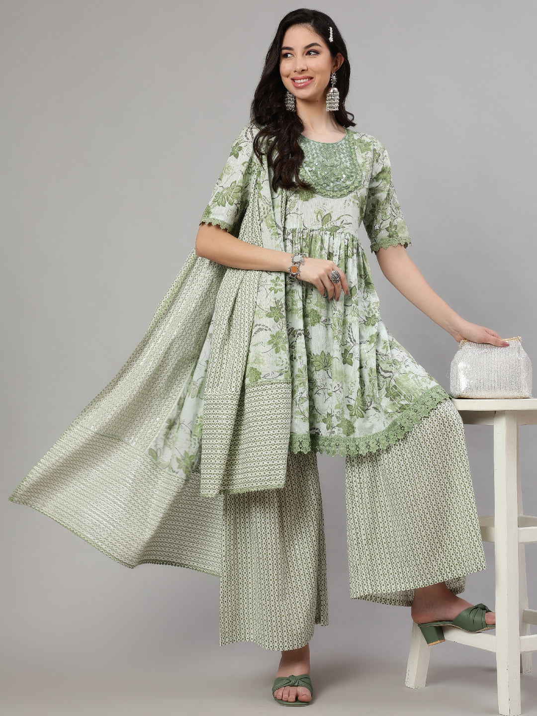 Green Printed Kurta Sharara With Dupatta