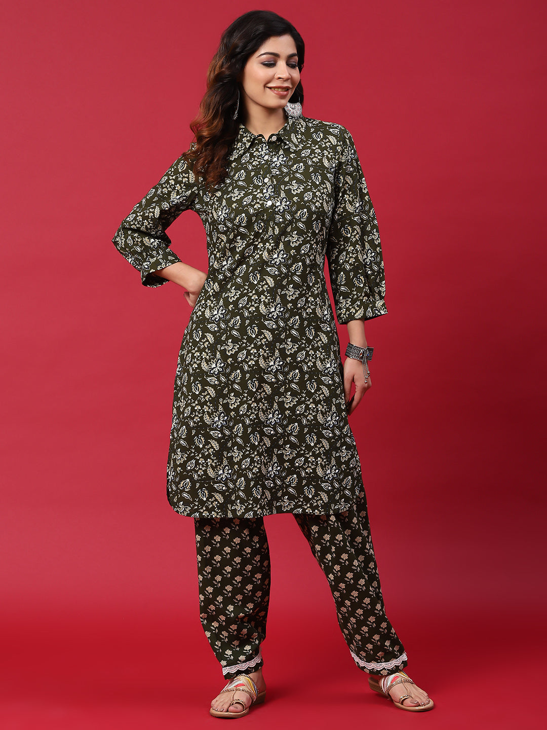 Green Floral Print Pakistani Kurta With Salwar