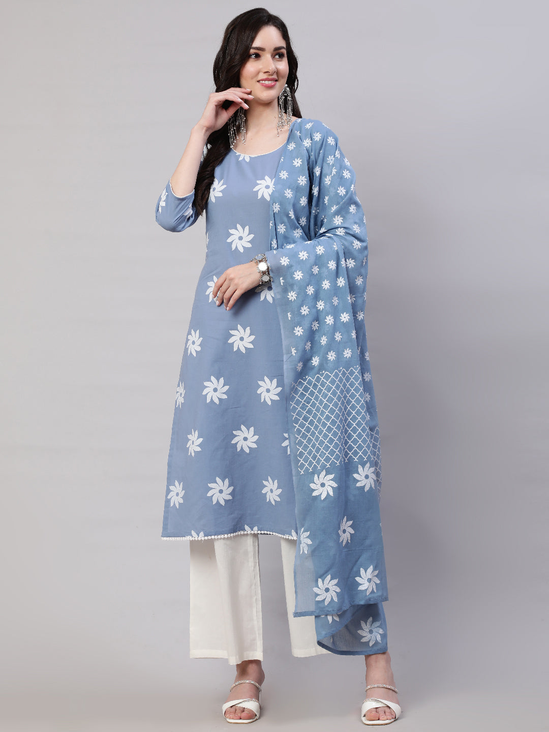 Blue Floral Print Kurta Palazzo With Dupatta