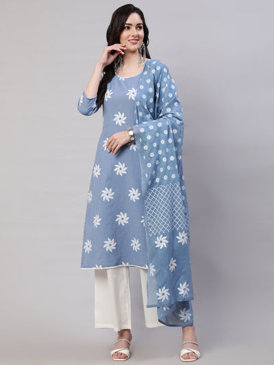 Blue Floral Print Kurta Palazzo With Dupatta