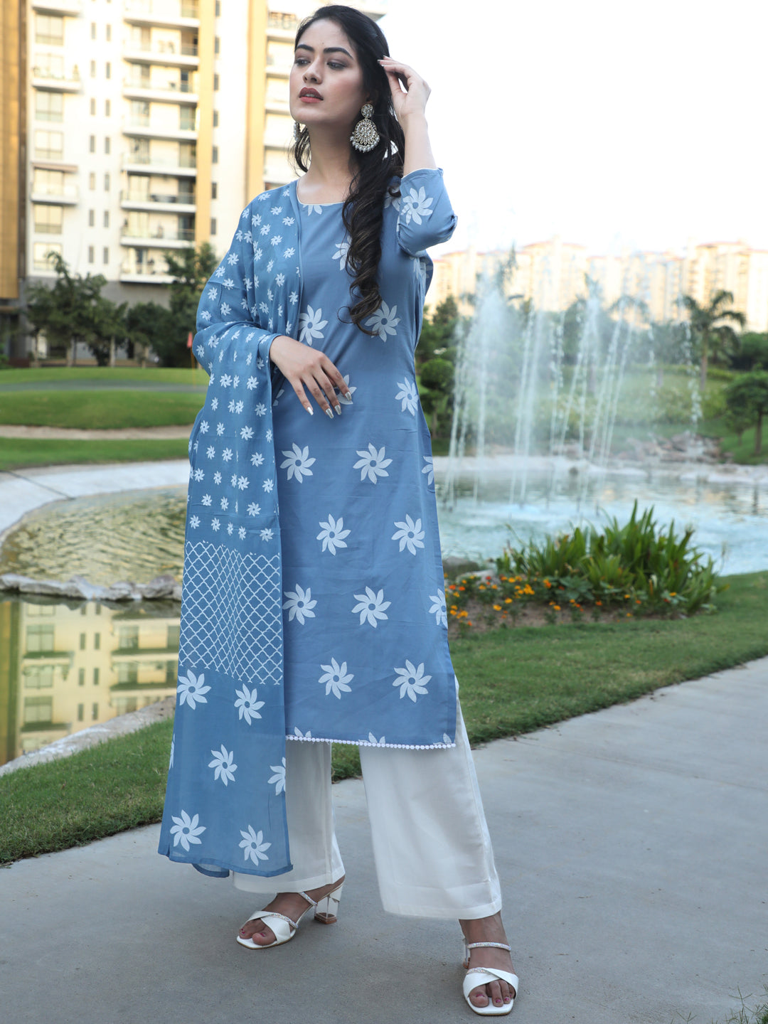 Blue Floral Print Kurta Palazzo With Dupatta