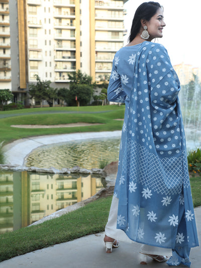 Blue Floral Print Kurta Palazzo With Dupatta