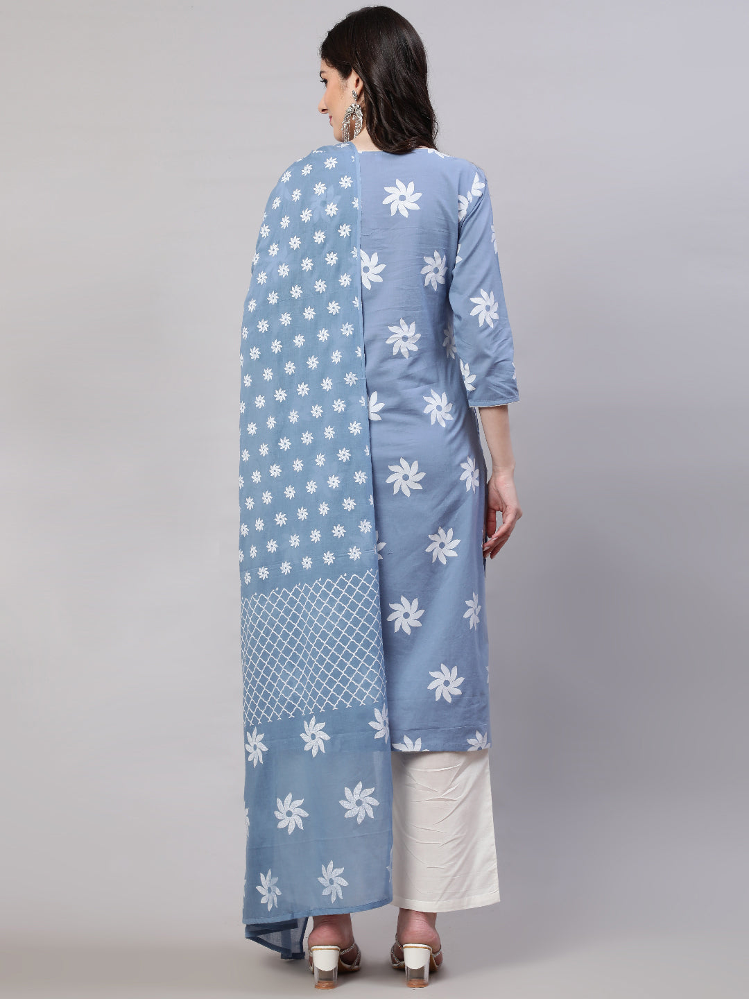Blue Floral Print Kurta Palazzo With Dupatta
