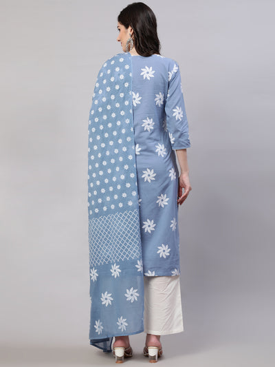Blue Floral Print Kurta Palazzo With Dupatta