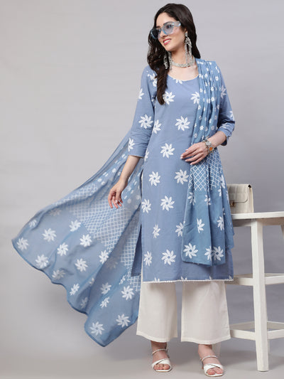 Blue Floral Print Kurta Palazzo With Dupatta
