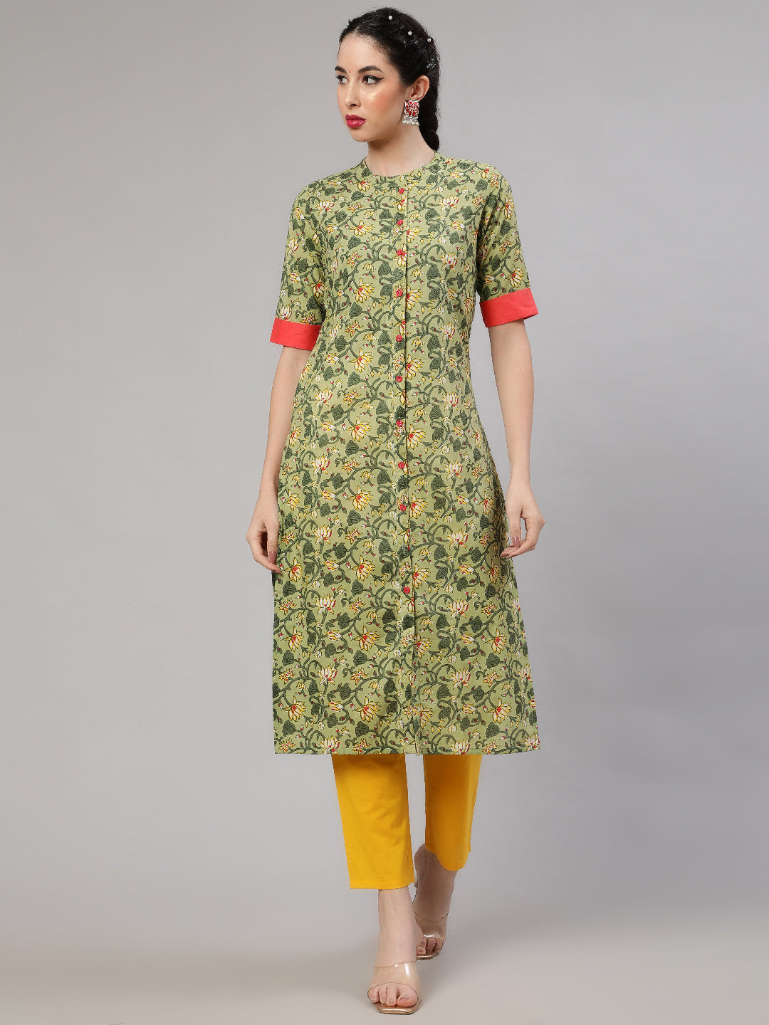 Green Floral Print Kurta With Pant