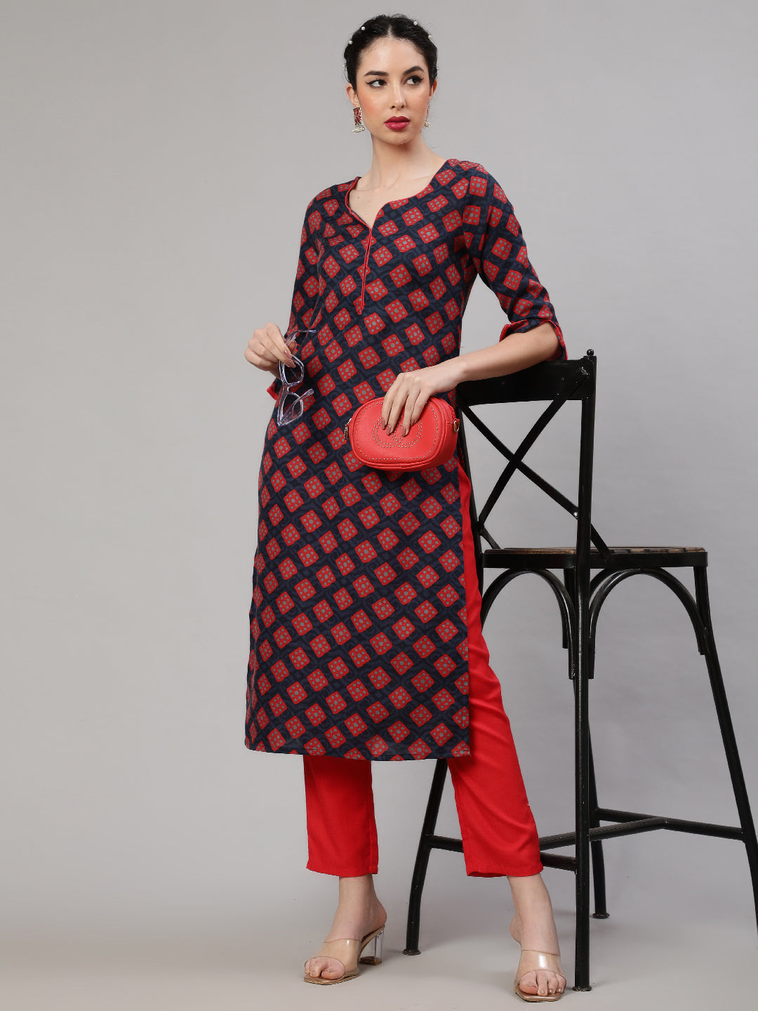Red Checked Kurta With Pant