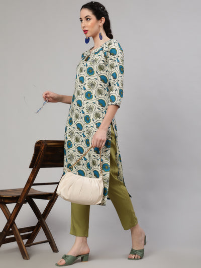 Cream Floral Print Kurta With Pant