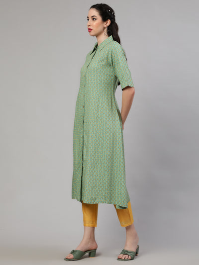 Green Printed A-Line Kurta With Pant