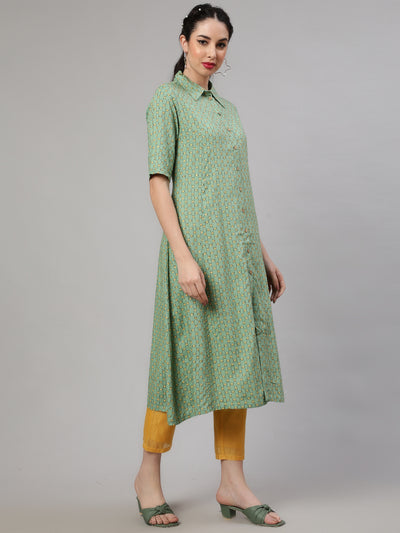 Green Printed A-Line Kurta With Pant