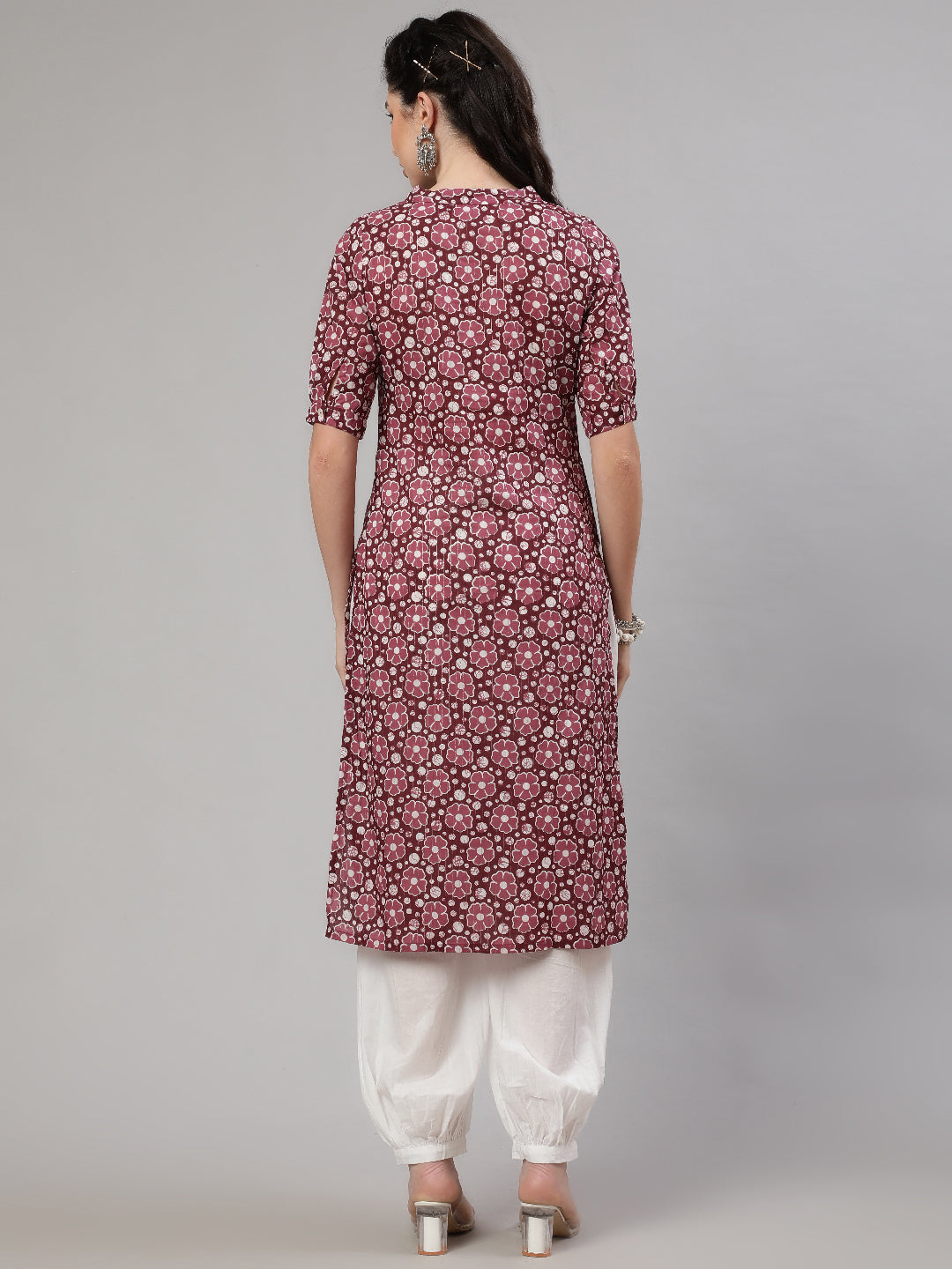 Burgundy Floral Print Kurta With Palazzo
