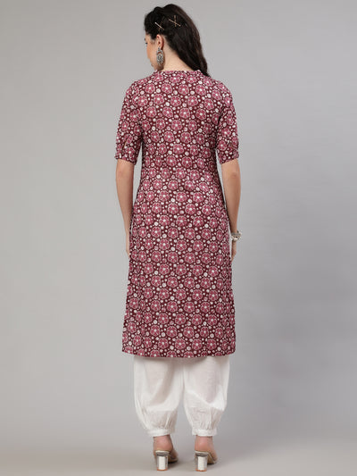 Burgundy Floral Print Kurta With Palazzo