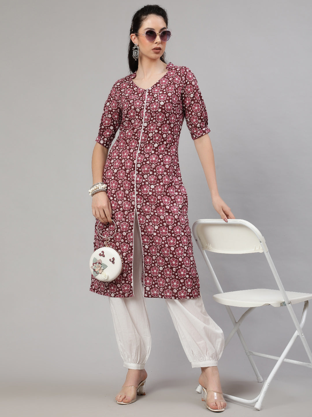 Burgundy Floral Print Kurta With Palazzo