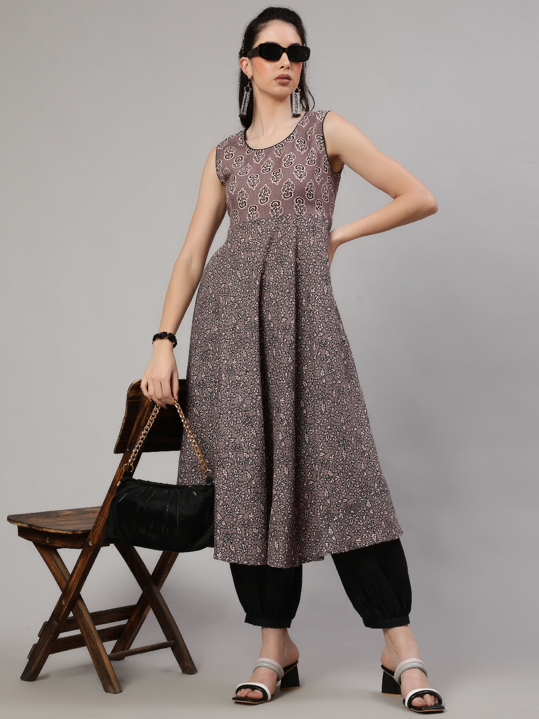 Grey Floral Print Anarkali With Palazzo