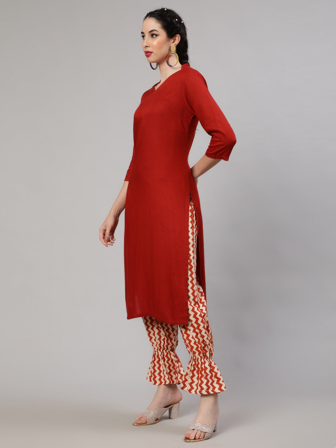 Red Kurta With Chevron Palazzo