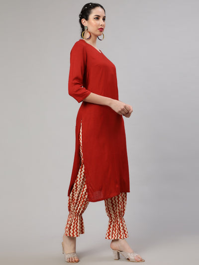 Red Kurta With Chevron Palazzo