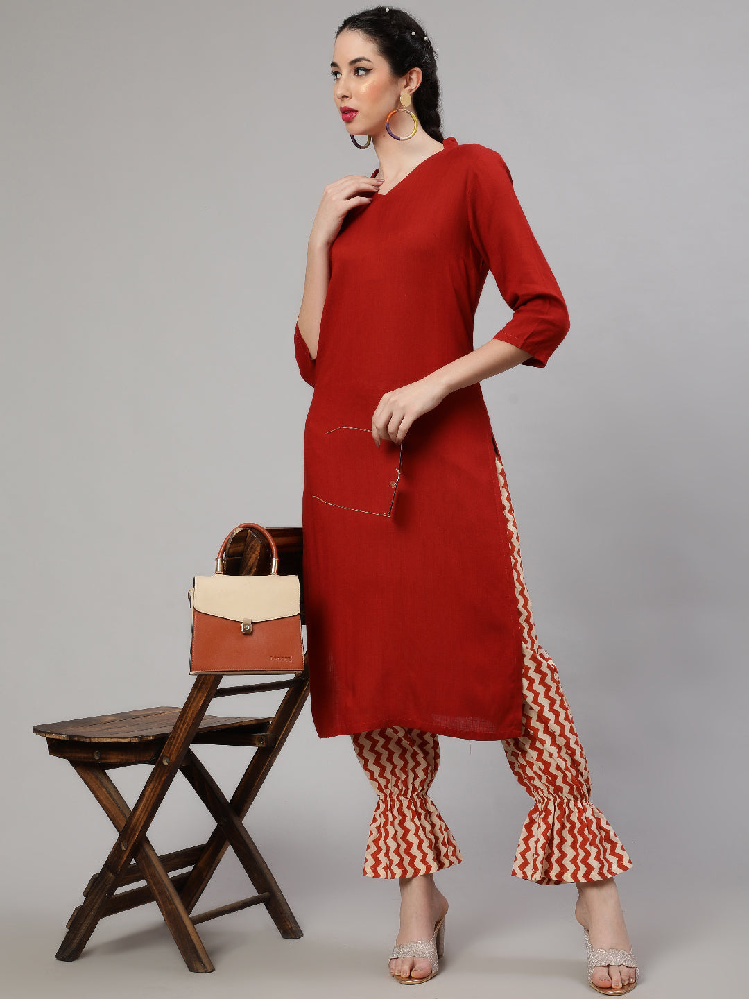 Red Kurta With Chevron Palazzo