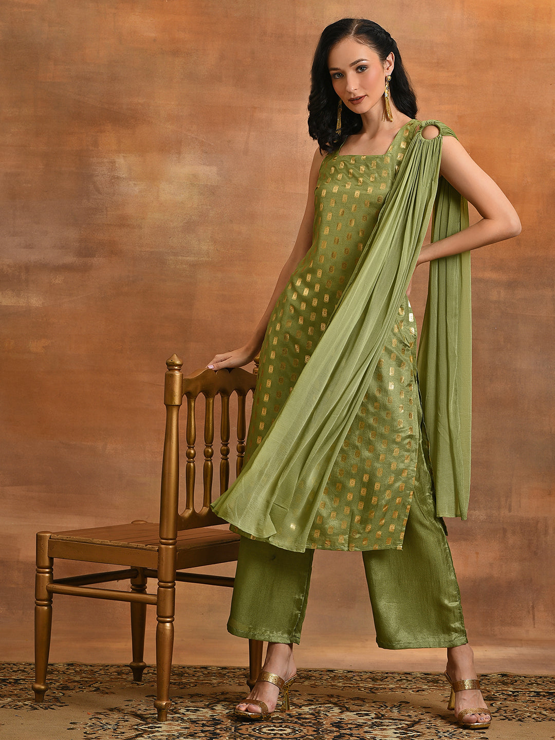 Green Printed Kurta Palazzo With Dupatta