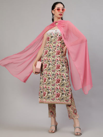 Cream Floral Print Kurta Pant With Dupatta