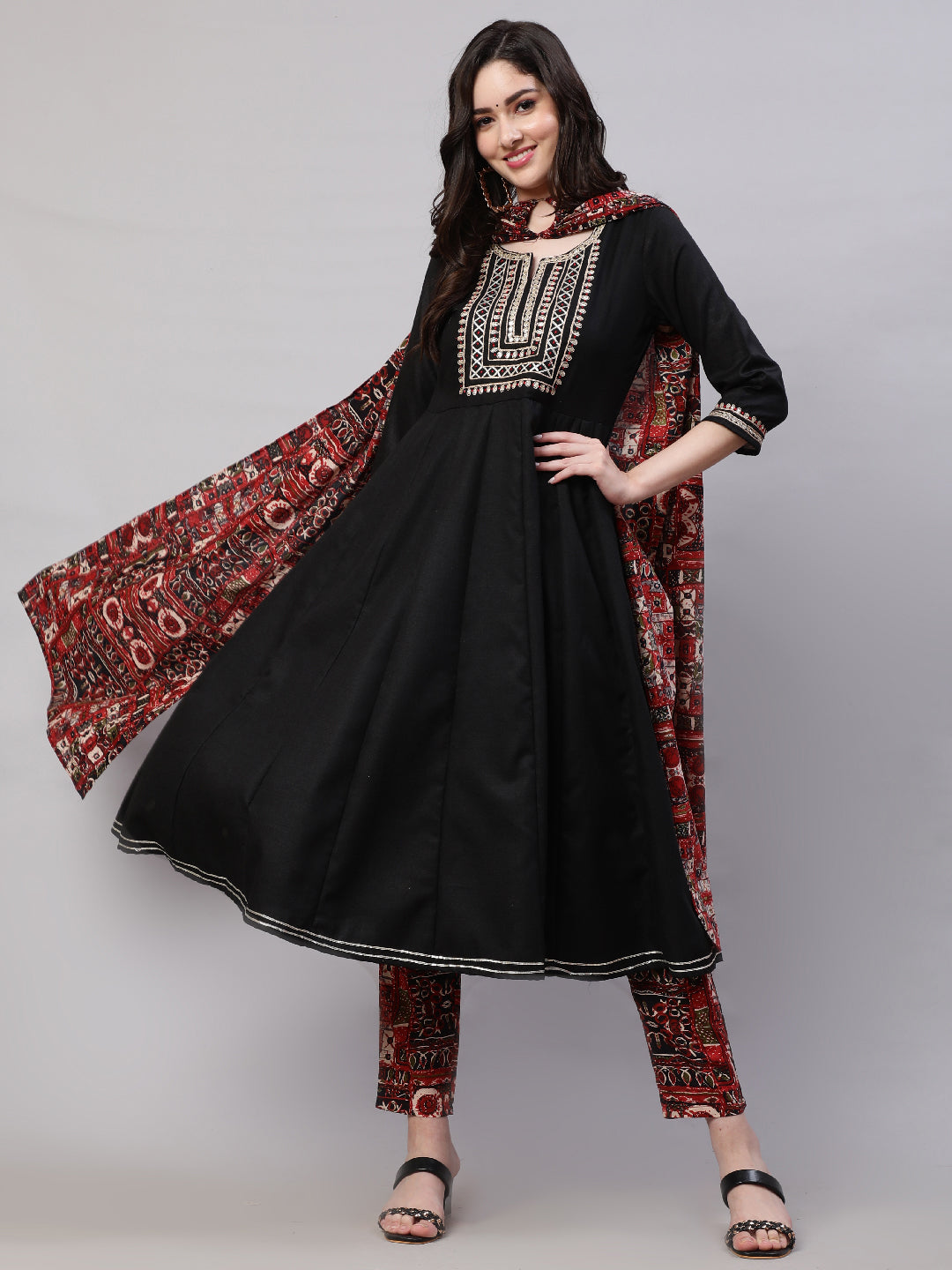 Black Embroidered Anarkali Pant With Dupatta