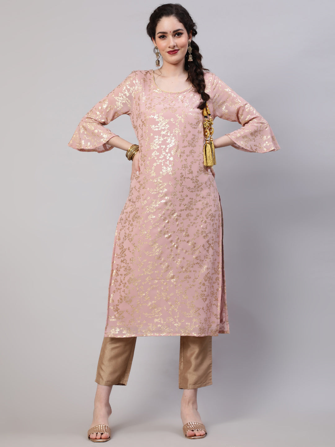 Peach Foil Printed Kurta With Pant