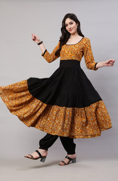 Mustard Printed Anarkali With Balloon Palazzo