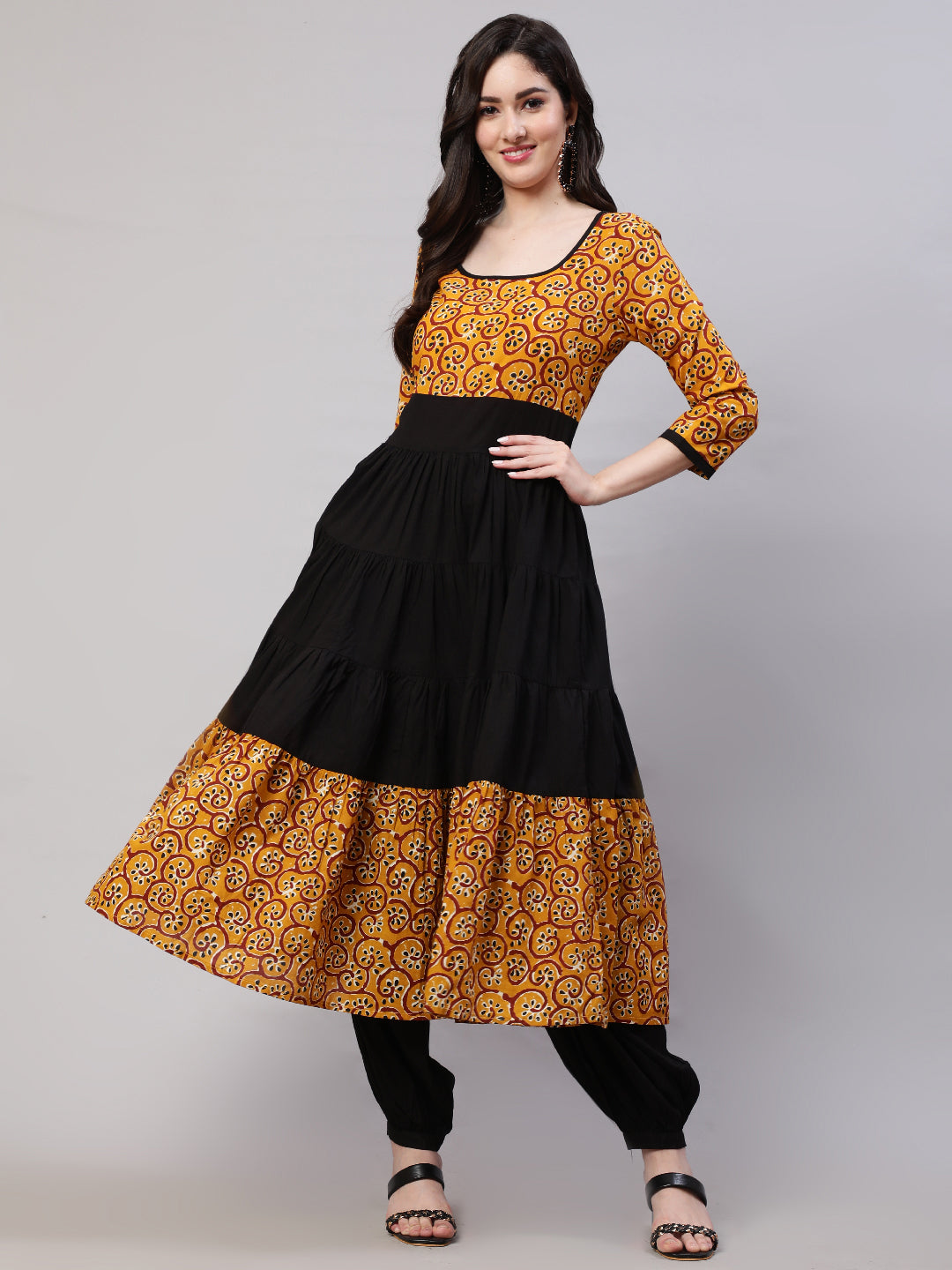 Mustard Printed Anarkali With Balloon Palazzo