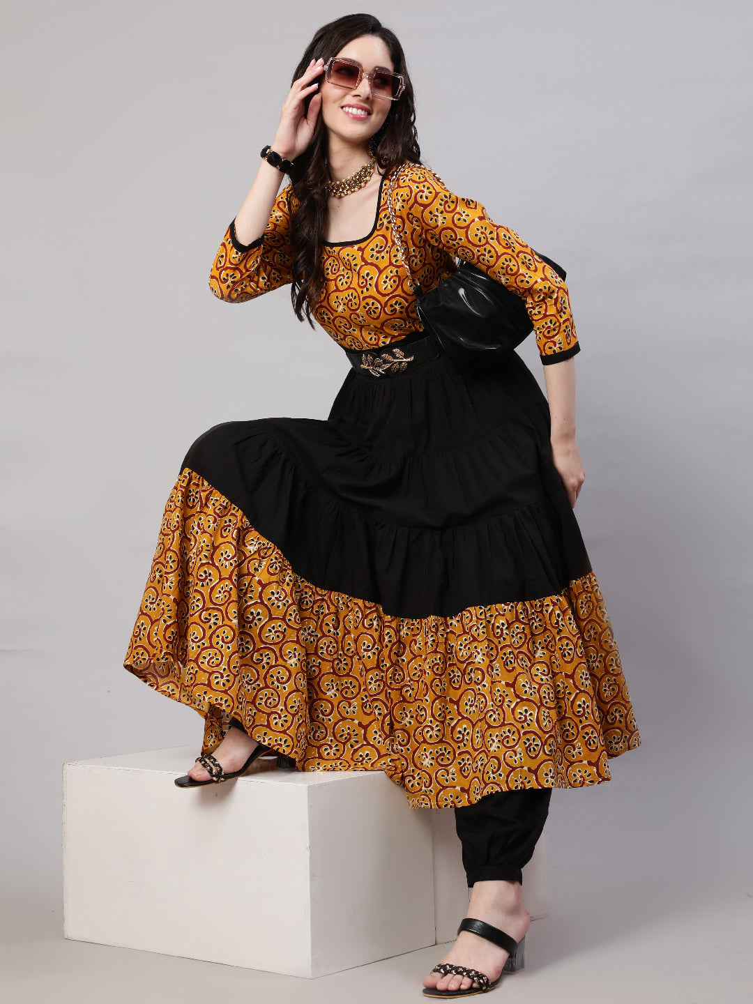 Mustard Printed Anarkali With Balloon Palazzo