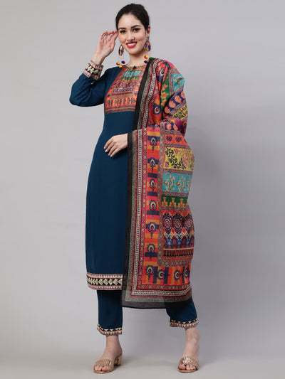 Blue Printed Kurta Pant With Dupatta