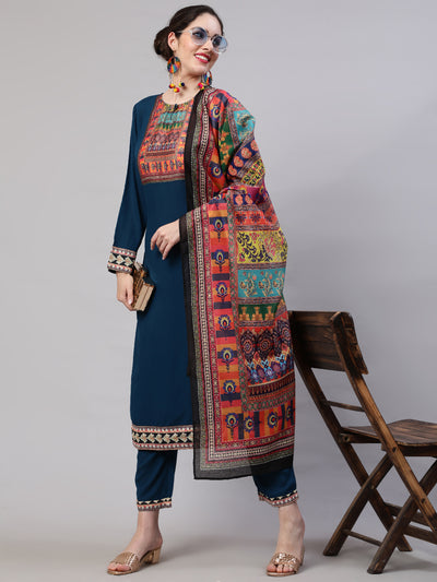 Blue Printed Kurta Pant With Dupatta