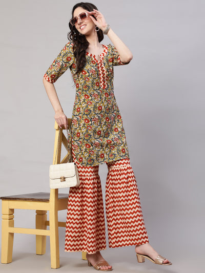 Green Floral Print Kurta With Sharara