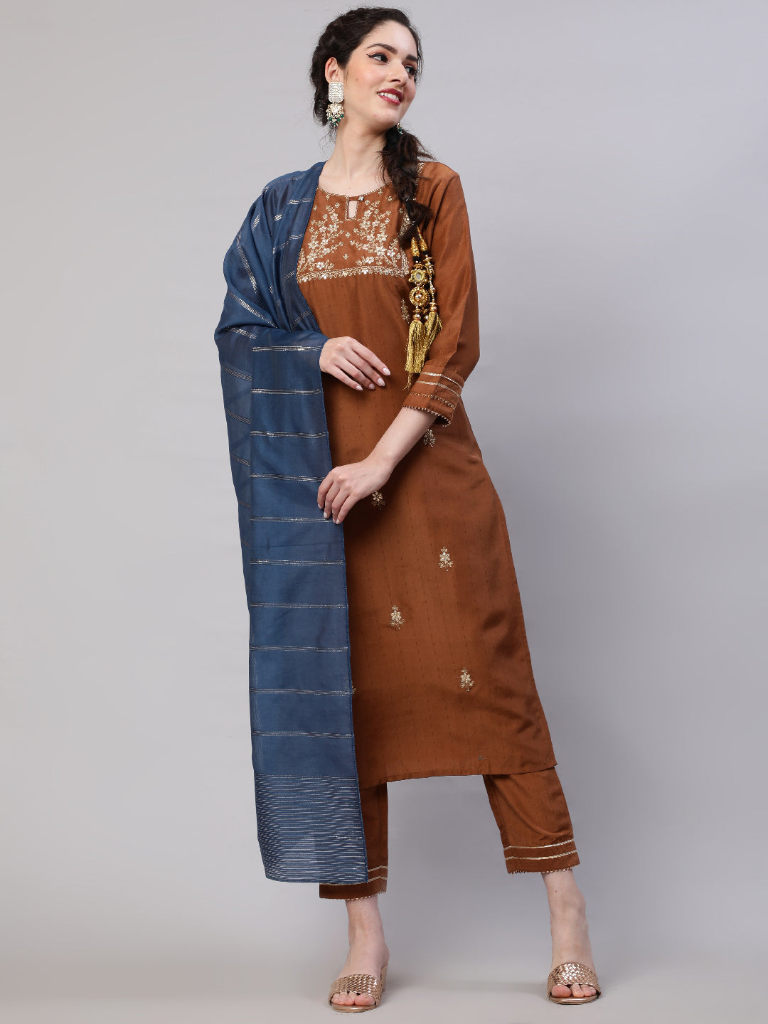 Brown Embroidered Kurta Pant With Dupattta
