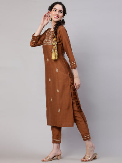 Brown Embroidered Kurta Pant With Dupattta