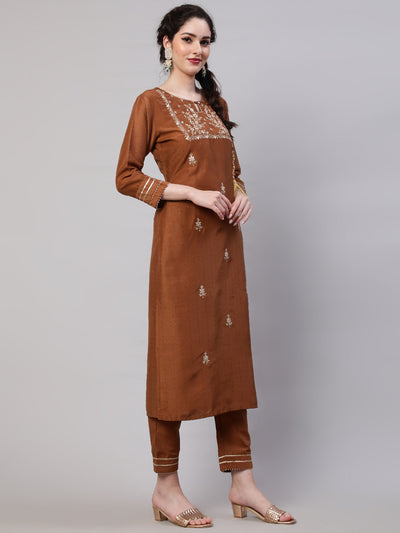 Brown Embroidered Kurta Pant With Dupattta