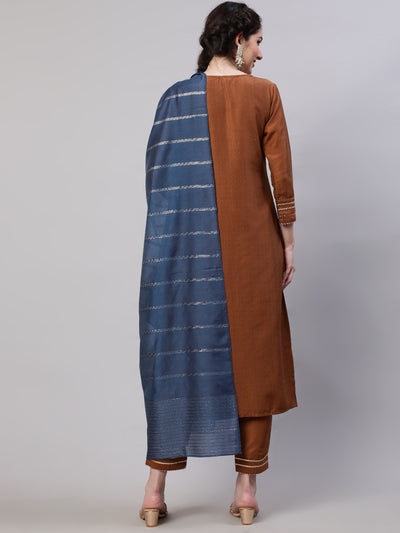 Brown Embroidered Kurta Pant With Dupattta